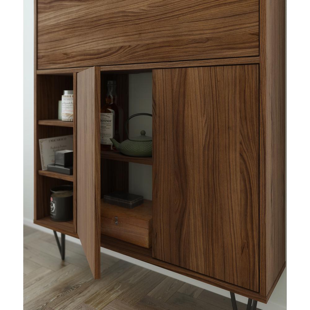 Slim Bar Cabinet , Secretary Bookcase Desk With Storage, Walnut. Picture 11