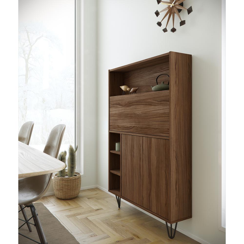Slim Bar Cabinet , Secretary Bookcase Desk With Storage, Walnut. Picture 7