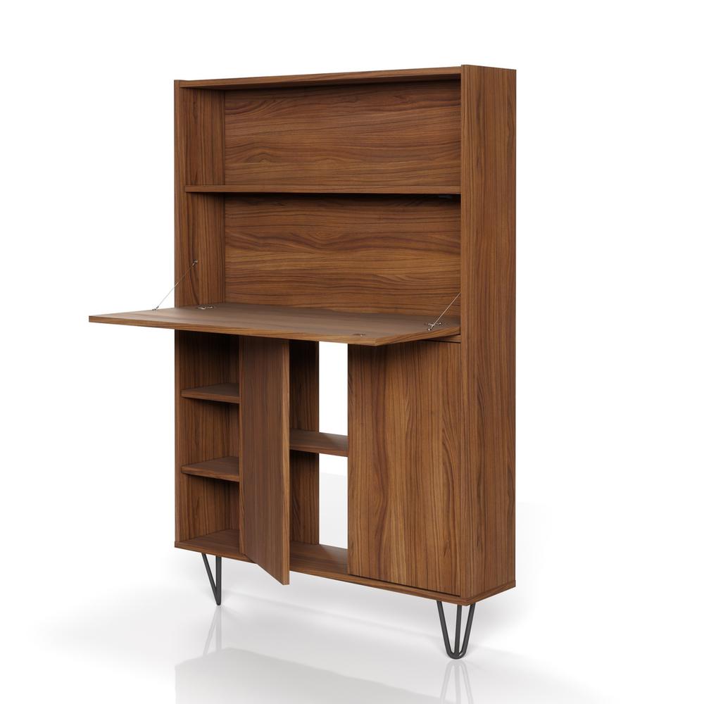 Slim Bar Cabinet , Secretary Bookcase Desk With Storage, Walnut. Picture 6