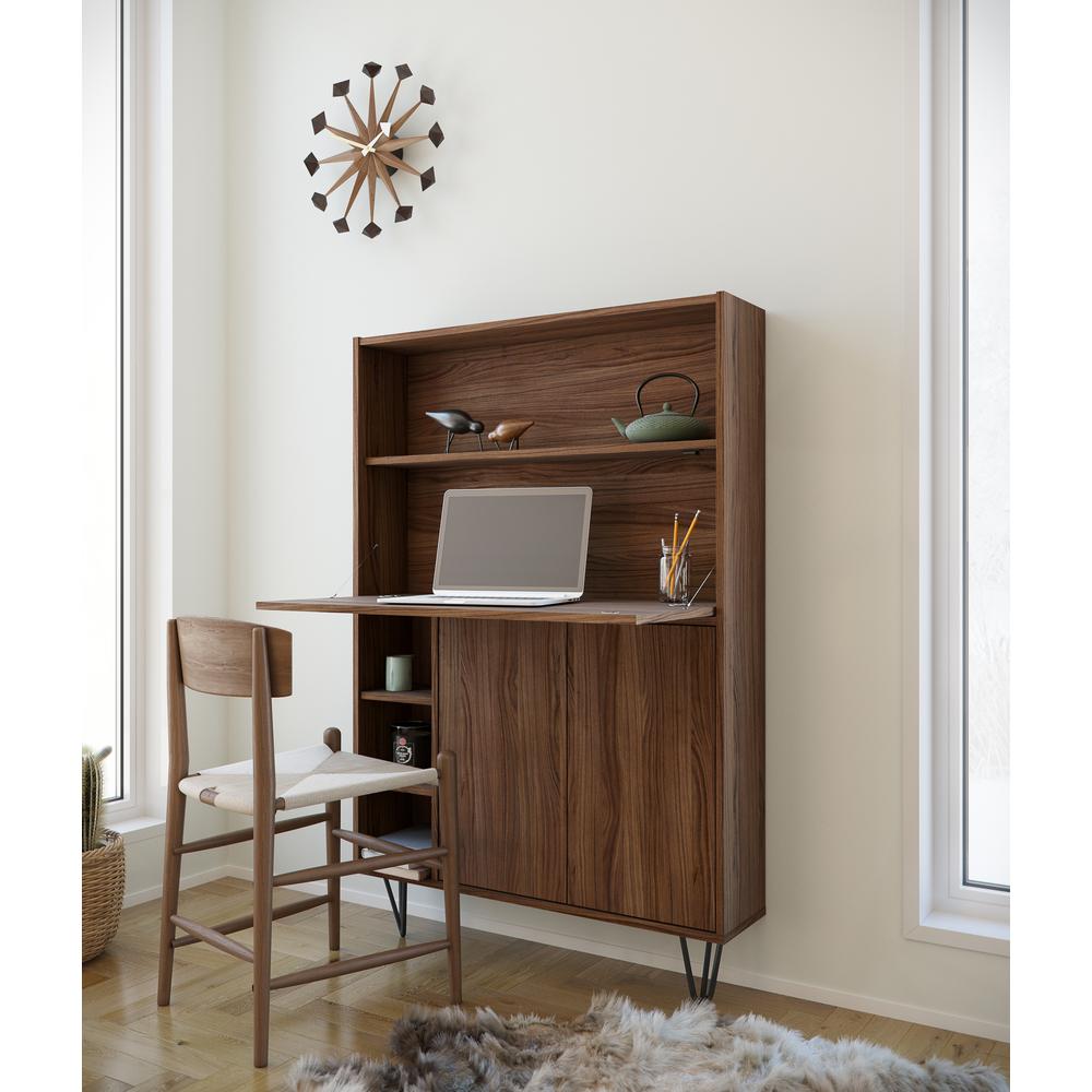 Slim Bar Cabinet , Secretary Bookcase Desk With Storage, Walnut. Picture 9