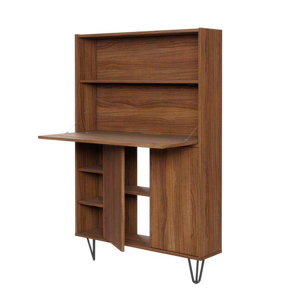 Slim Bar Cabinet , Secretary Bookcase Desk With Storage, Walnut. Picture 3