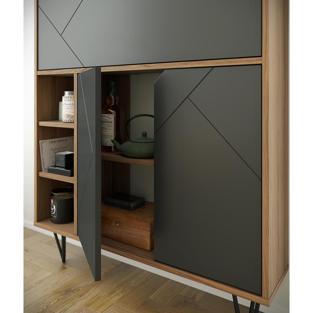 Slim Bar Cabinet , Secretary Bookcase Desk With Storage, Nutmeg & Charcoal Grey. Picture 12