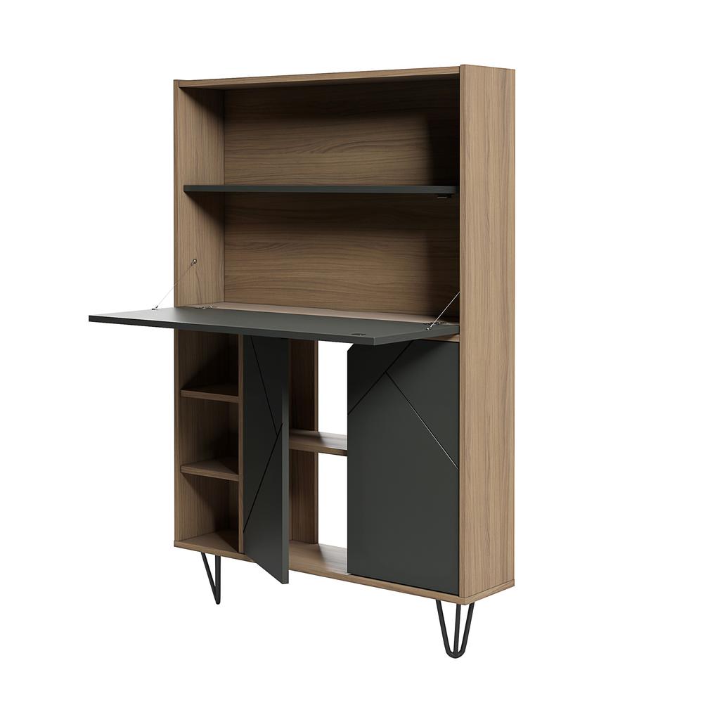 Slim Bar Cabinet , Secretary Bookcase Desk With Storage, Nutmeg & Charcoal Grey. Picture 6