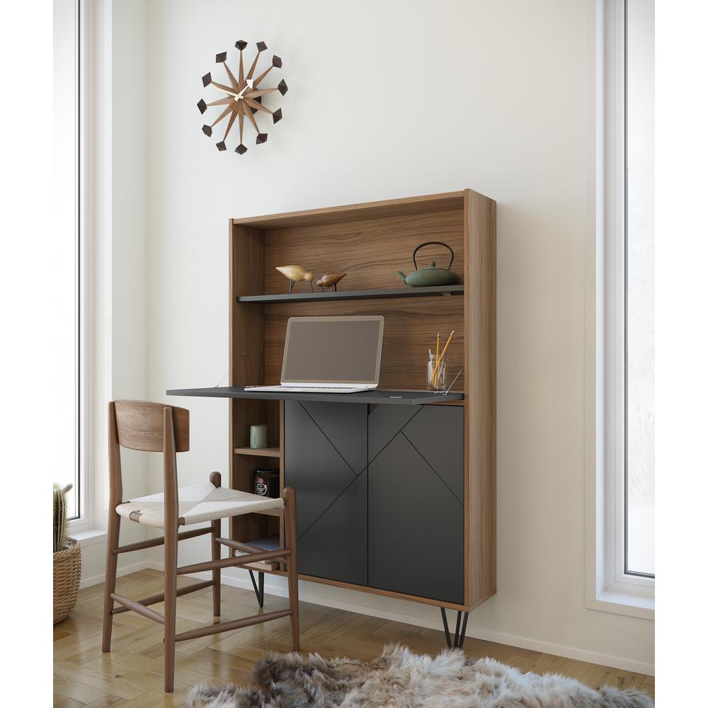 Slim Bar Cabinet , Secretary Bookcase Desk With Storage, Nutmeg & Charcoal Grey. Picture 8
