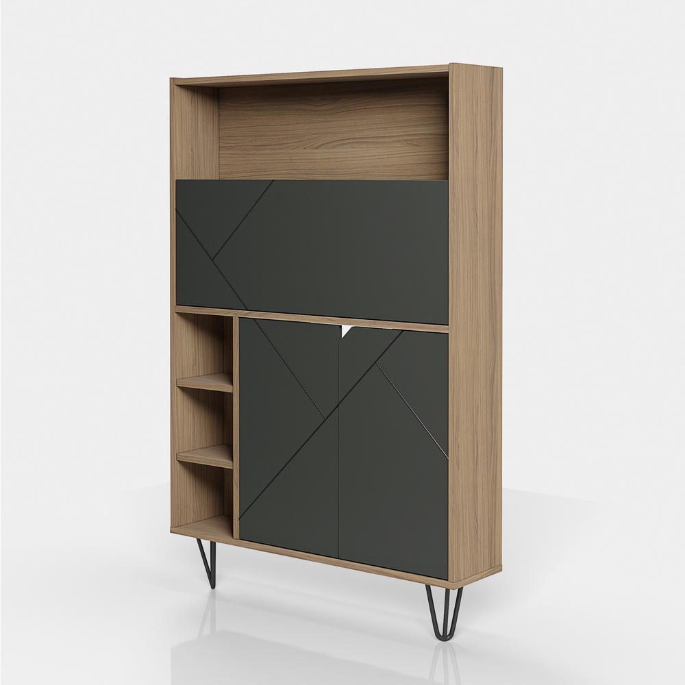 Slim Bar Cabinet , Secretary Bookcase Desk With Storage, Nutmeg & Charcoal Grey. Picture 10
