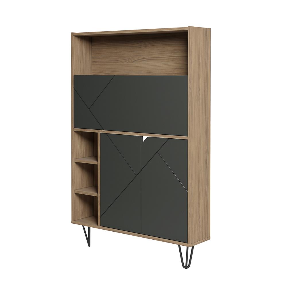 Slim Bar Cabinet , Secretary Bookcase Desk With Storage, Nutmeg & Charcoal Grey. Picture 1