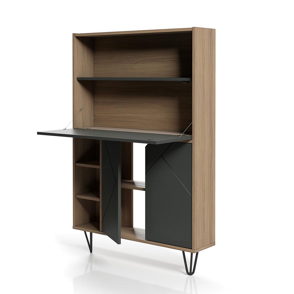 Slim Bar Cabinet , Secretary Bookcase Desk With Storage, Nutmeg & Charcoal Grey. Picture 4