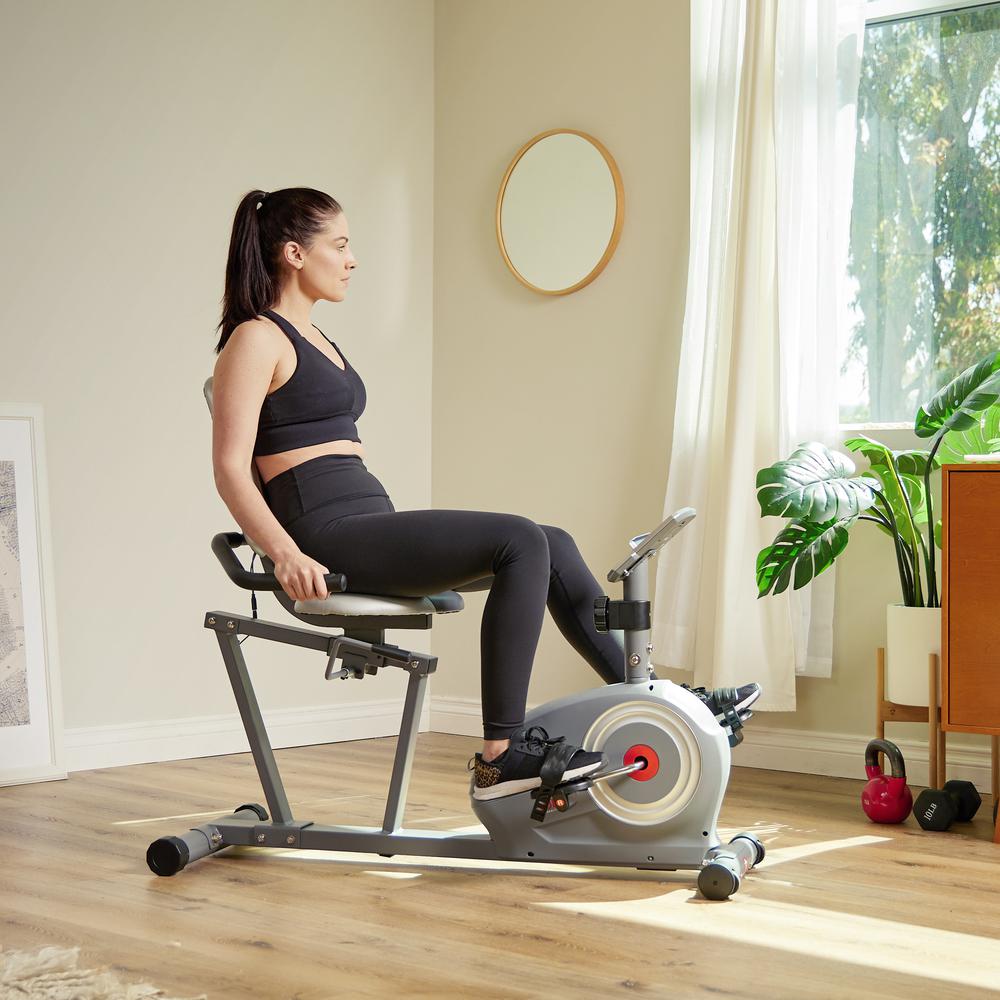 Sunny Health & Fitness Essentials Series Magnetic Smart Recumbent Bike with Exclusive SunnyFit® App Enhanced Bluetooth Connectivity. Picture 8