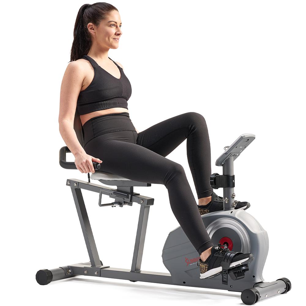 Sunny Health & Fitness Essentials Series Magnetic Smart Recumbent Bike with Exclusive SunnyFit® App Enhanced Bluetooth Connectivity. Picture 3