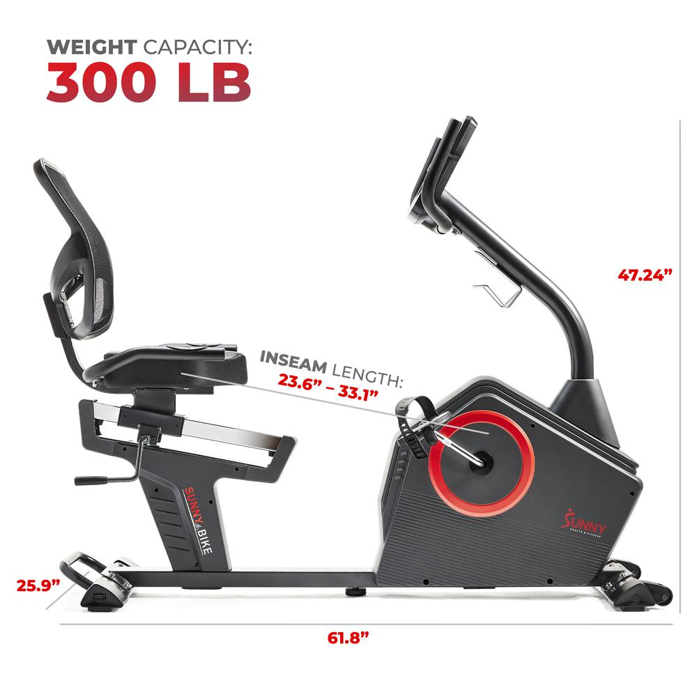 Sunny Health & Fitness Premium Magnetic Resistance Smart Recumbent Bike with Exclusive SunnyFit® App Enhanced Bluetooth Connectivity. Picture 7