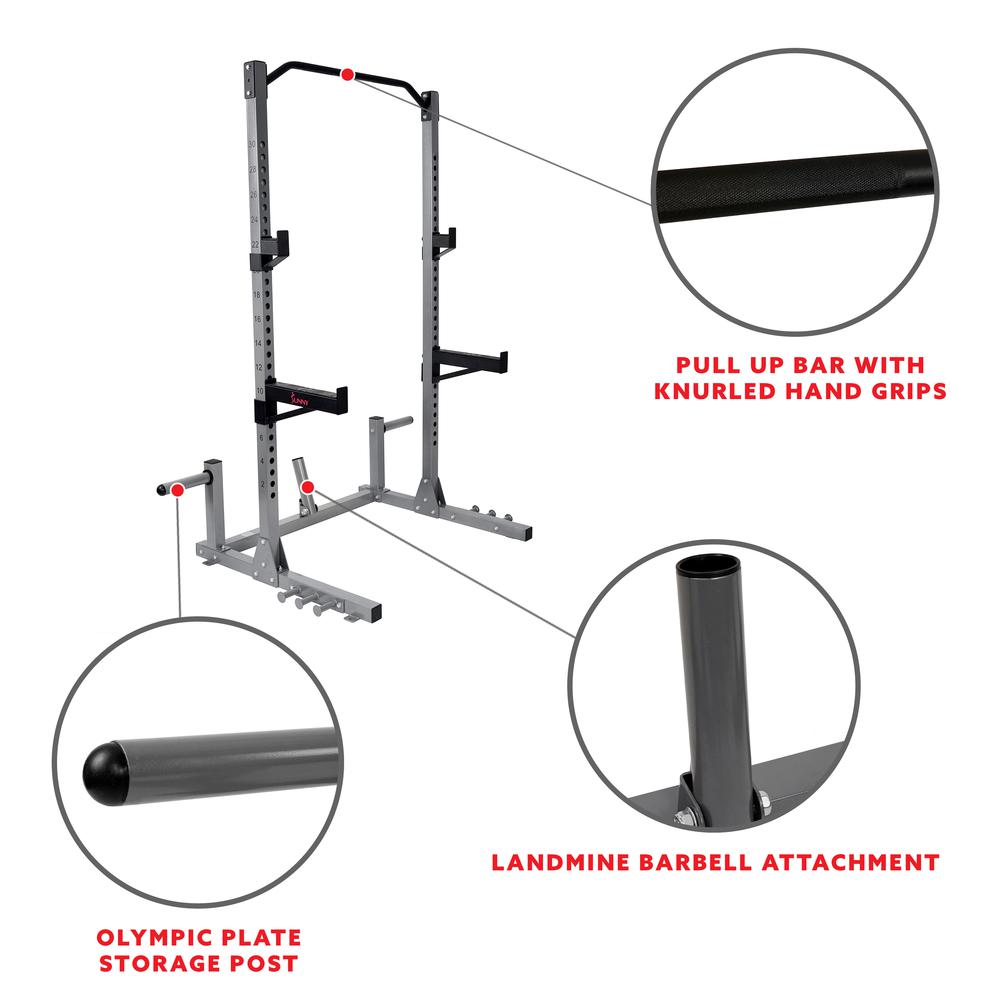 Power and Squat Rack with High Weight Capacity, Olympic Weight Plate Storage and 360° Swivel Landmine and Power Band Attachment. Picture 6