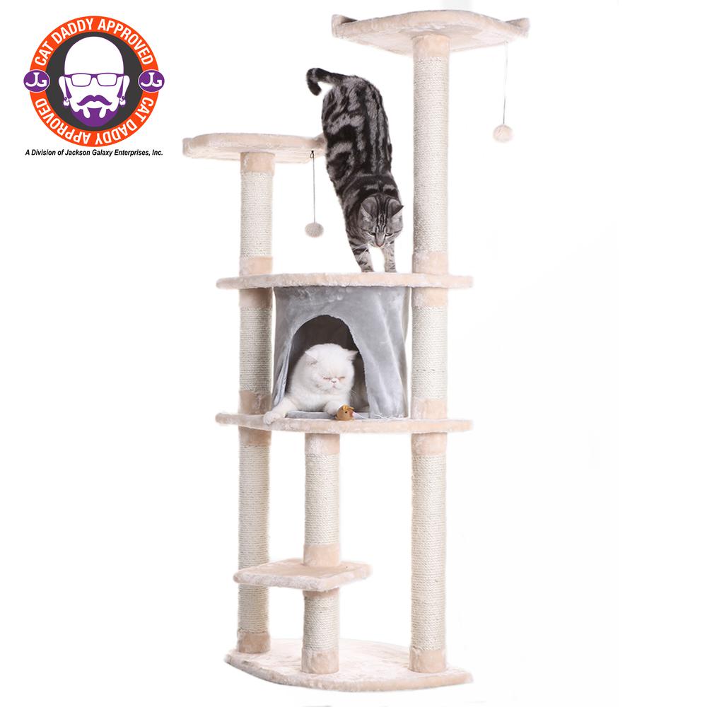 Armarkat 64" Real Wood Cat Tree With Sractch Sisal Post, Soft-side Playhouse,  A6401, Almond. Picture 1
