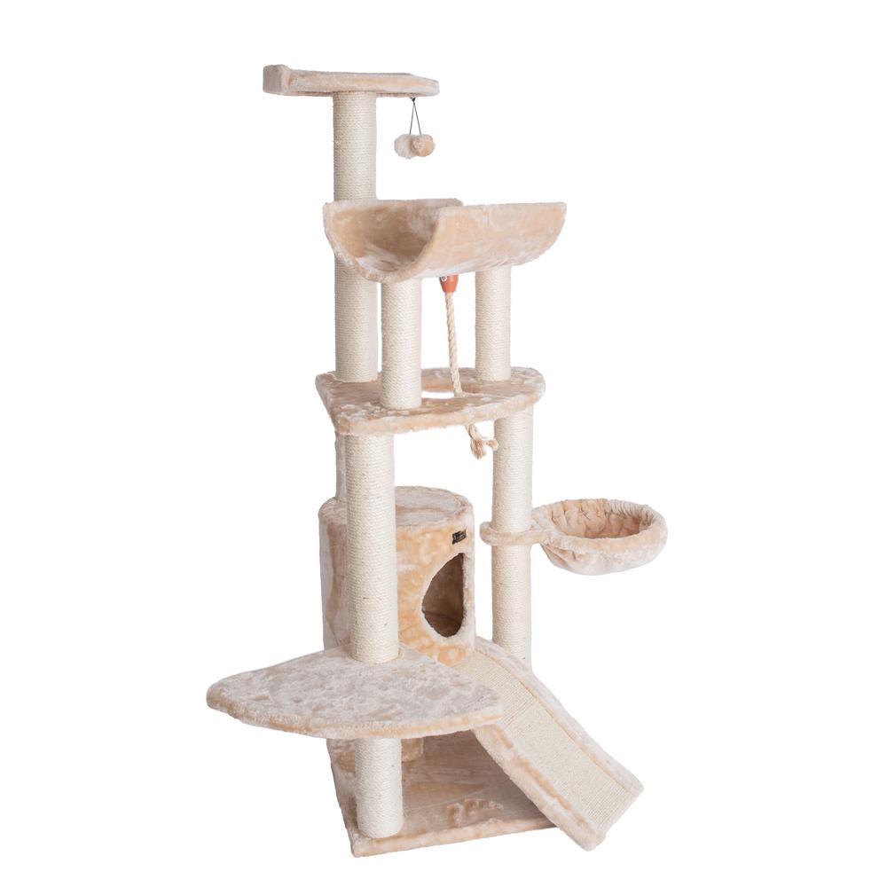 Armarkat Spacious Thick Fur Real Wood Cat Tower With Basket Lounge, Ramp, Beige A5806. Picture 9
