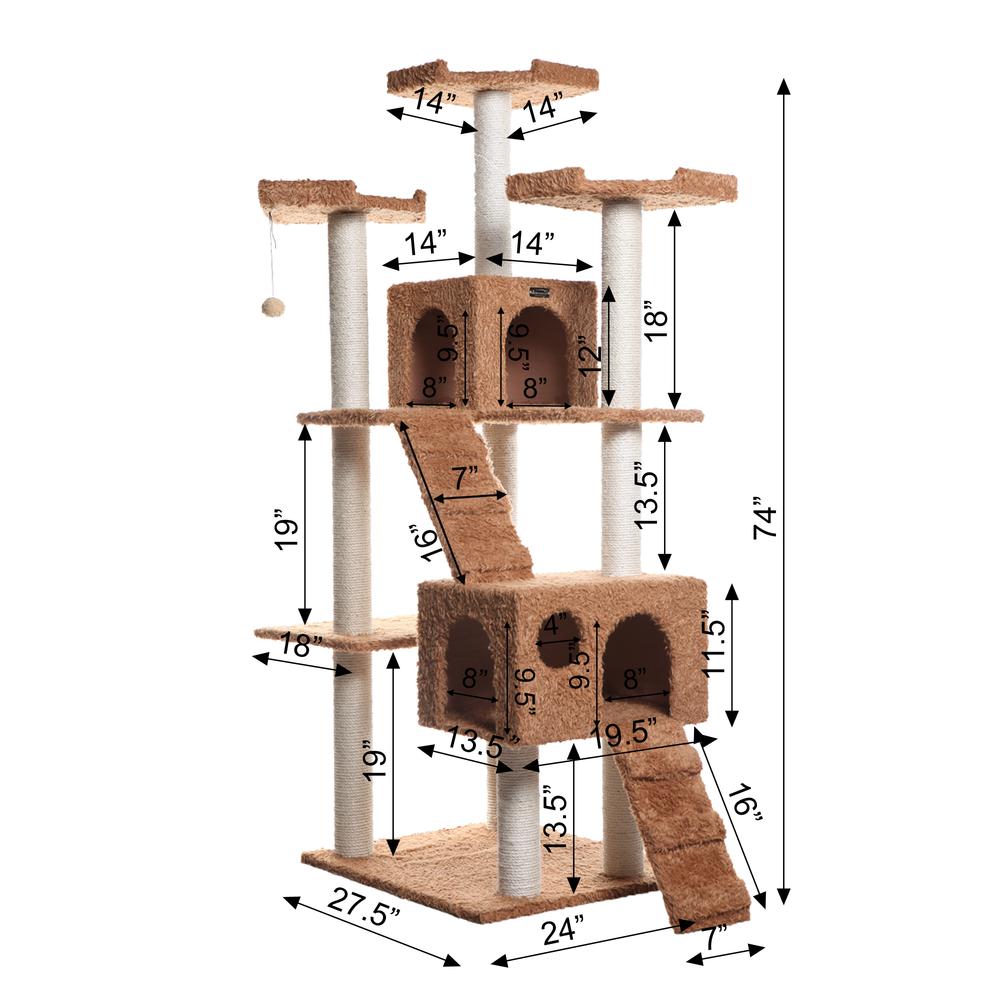 Armarkat 74" Multi-Level Real Wood Cat Tree Large Cat Play Furniture With SratchhIng Posts, Large Playforms, A7407 Ochre Brown. Picture 8