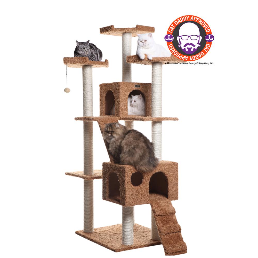Armarkat 74" Multi-Level Real Wood Cat Tree Large Cat Play Furniture With SratchhIng Posts, Large Playforms, A7407 Ochre Brown. Picture 1