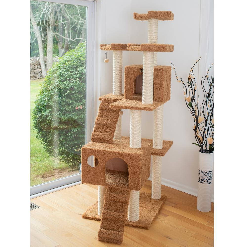 Armarkat 74" Multi-Level Real Wood Cat Tree Large Cat Play Furniture With SratchhIng Posts, Large Playforms, A7407 Ochre Brown. Picture 3