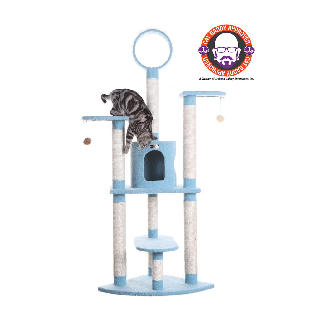 Armarkat B6605 65-Inch Classic Real Wood Cat Tree In Sky Blue, Jackson Galaxy Approved, Five Levels With Perch, Condo, Hanging Tunnel. Picture 1