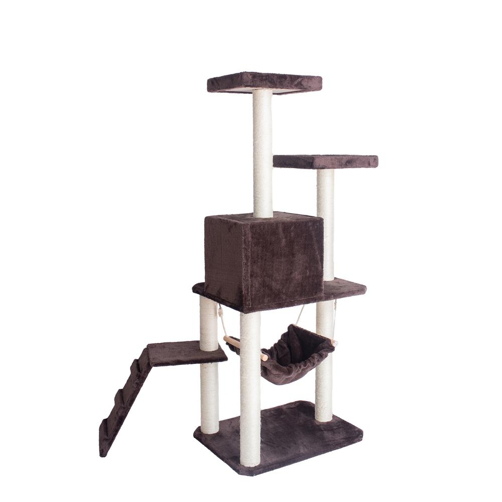 GleePet GP78570923  57-Inch Real Wood Cat Tree In Coffee Brown With Four Levels, Ramp, Hammock And Condo. Picture 8