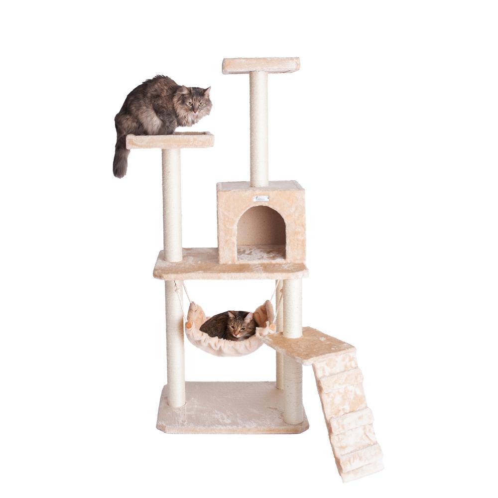 GleePet GP78570921 57-Inch Real Wood Cat Tree In Beige With Perches, RunnIng Ramp, Condo And Hammock. Picture 1