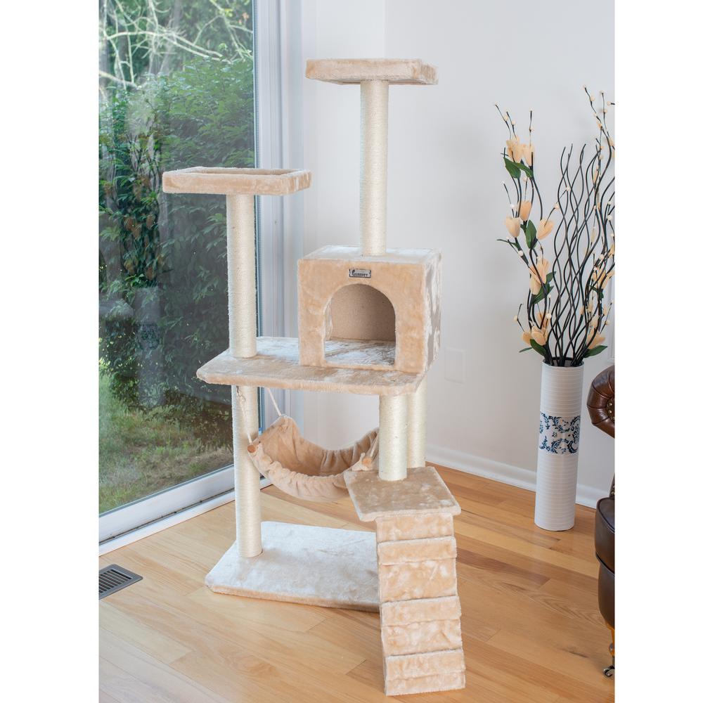 GleePet GP78570921 57-Inch Real Wood Cat Tree In Beige With Perches, RunnIng Ramp, Condo And Hammock. Picture 4