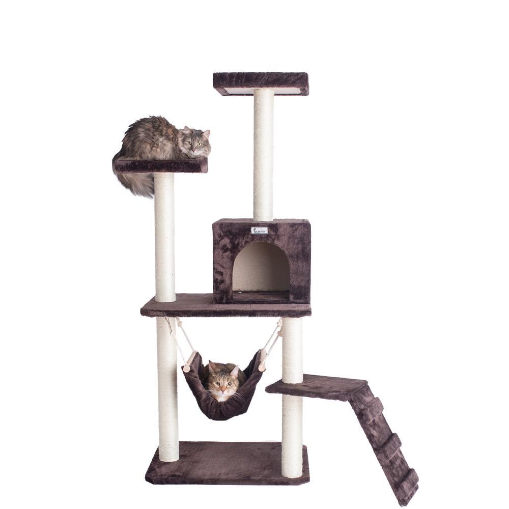 GleePet GP78570923  57-Inch Real Wood Cat Tree In Coffee Brown With Four Levels, Ramp, Hammock And Condo. Picture 1