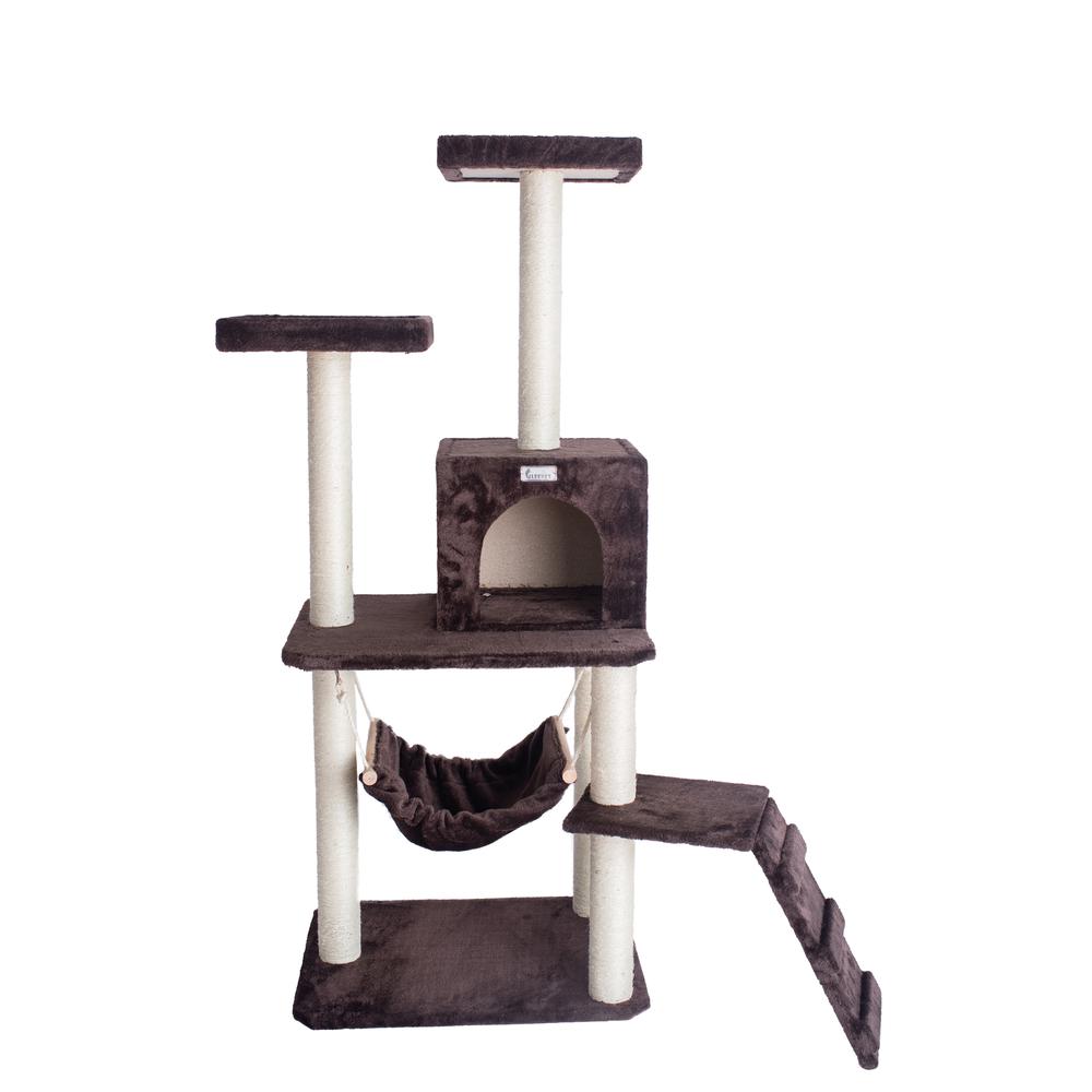 GleePet GP78570923  57-Inch Real Wood Cat Tree In Coffee Brown With Four Levels, Ramp, Hammock And Condo. Picture 2