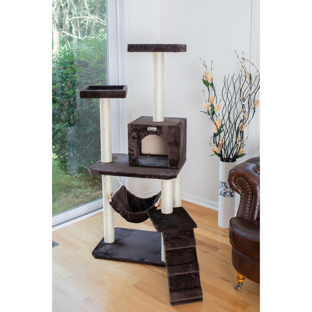 GleePet GP78570923  57-Inch Real Wood Cat Tree In Coffee Brown With Four Levels, Ramp, Hammock And Condo. Picture 3