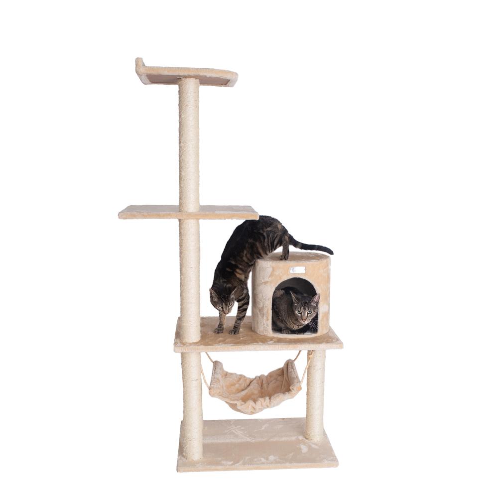 GleePet GP78590221 59-Inch Real Wood Cat Tree In Beige With Hammock and Round Condo. Picture 1