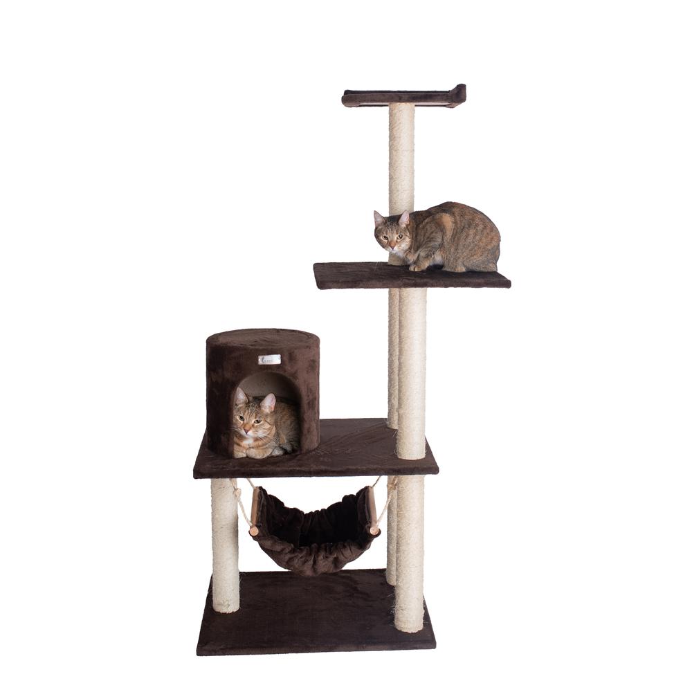 GleePet GP78590223 59-Inch Real Wood Cat Tree In Coffee Brown With Condo And Hammock. Picture 1