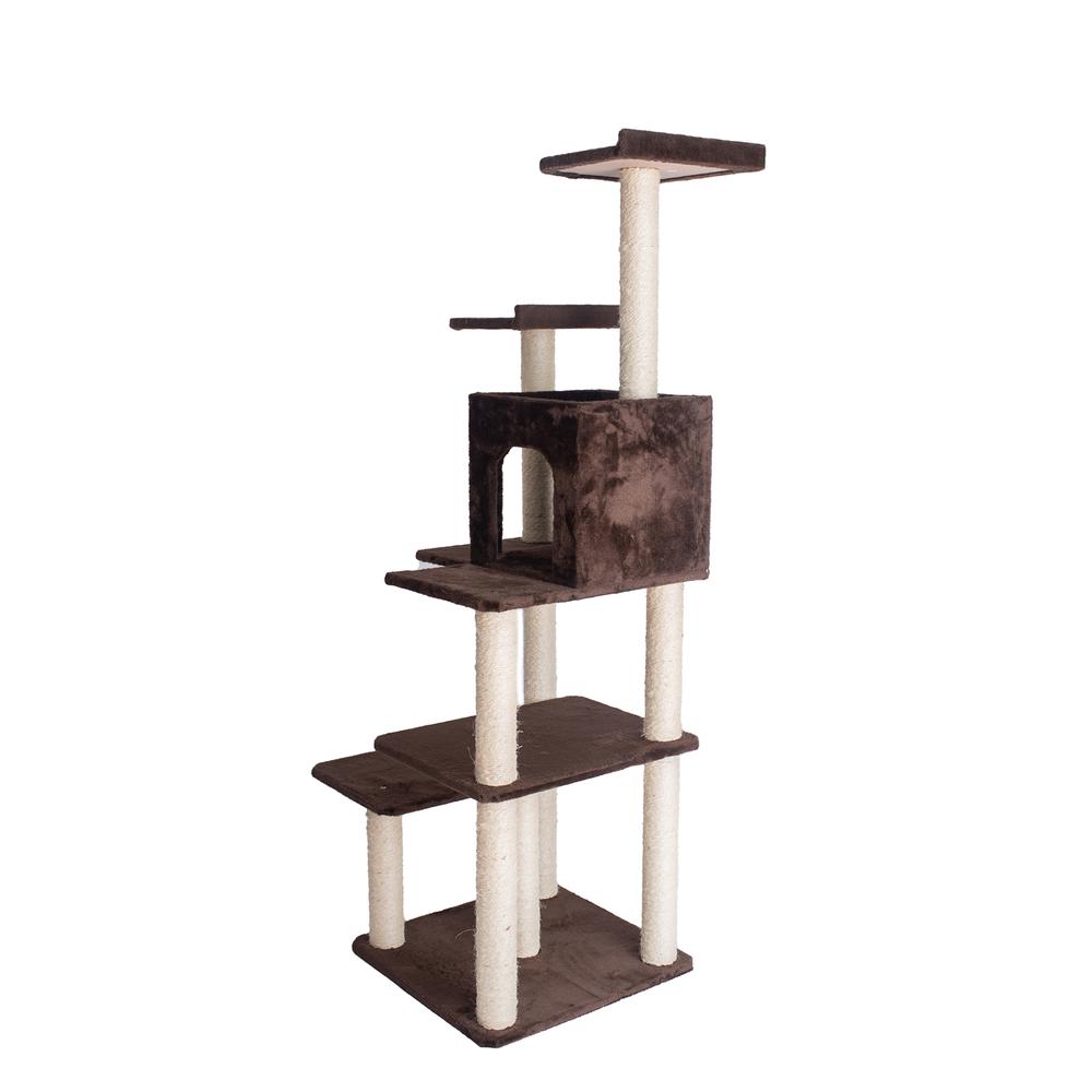 GleePet GP78680723 66-Inch Real Wood Cat Tree In Coffee Brown With Four Levels, Two Perches, Condo. Picture 7