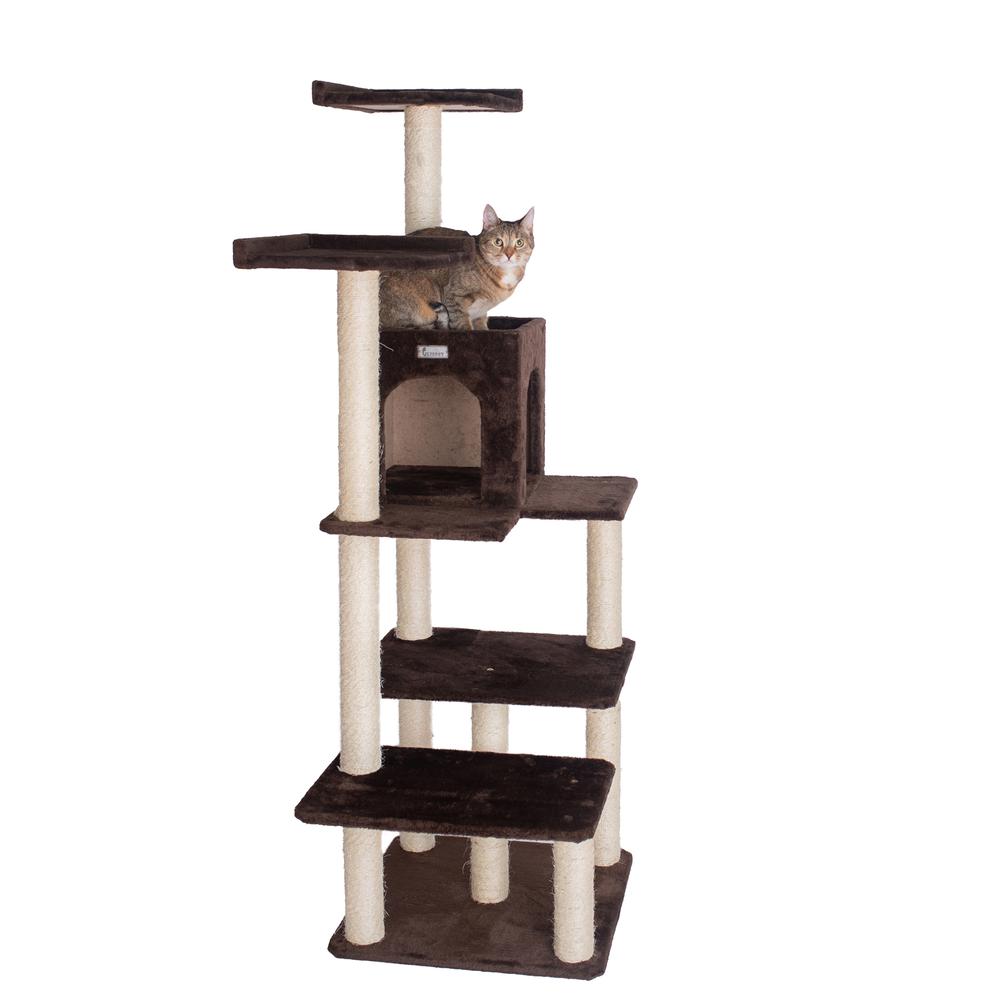 GleePet GP78680723 66-Inch Real Wood Cat Tree In Coffee Brown With Four Levels, Two Perches, Condo. Picture 1