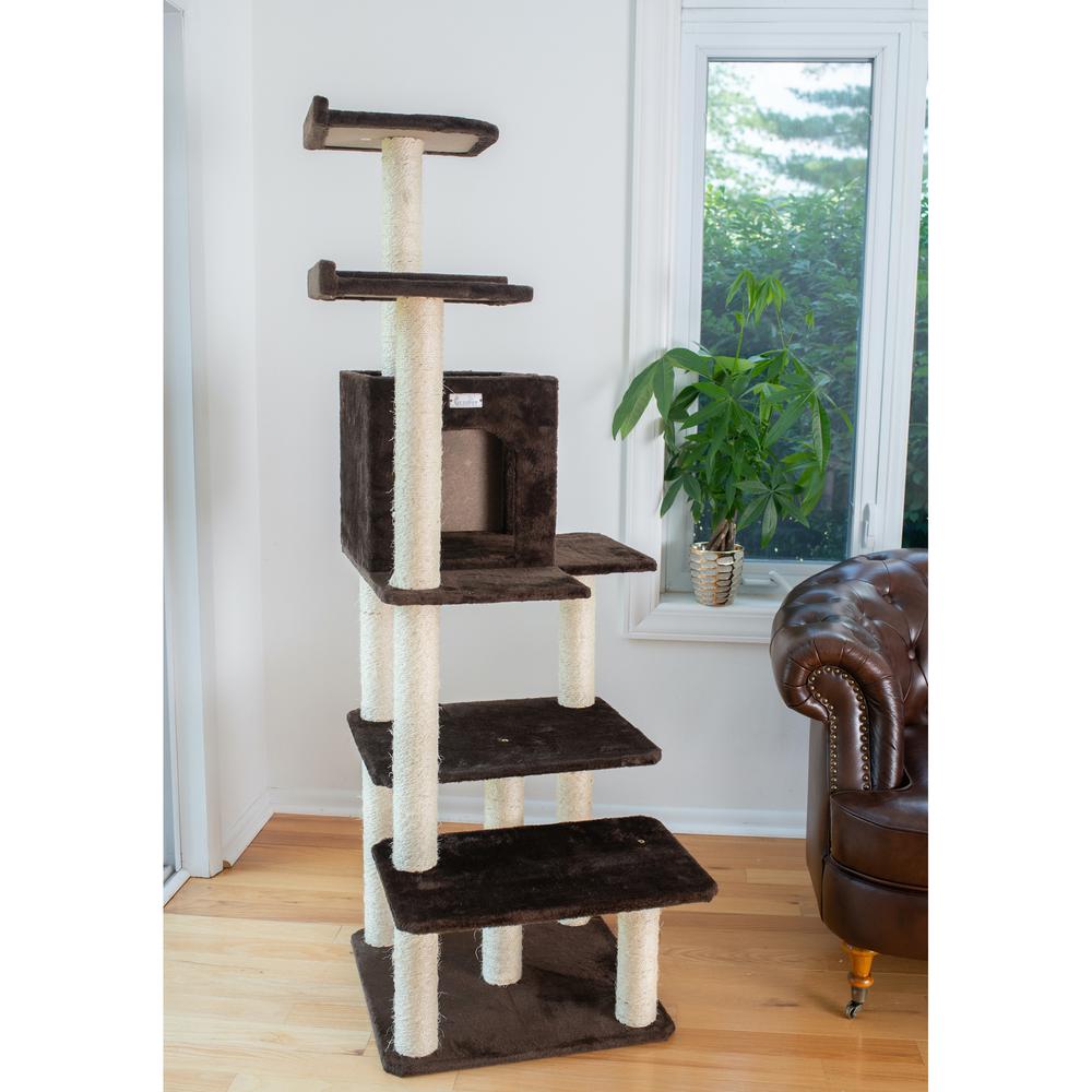 GleePet GP78680723 66-Inch Real Wood Cat Tree In Coffee Brown With Four Levels, Two Perches, Condo. Picture 4
