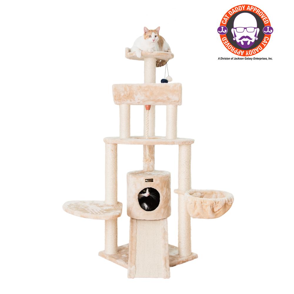 Armarkat Spacious Thick Fur Real Wood Cat Tower With Basket Lounge, Ramp, Beige A5806. Picture 1