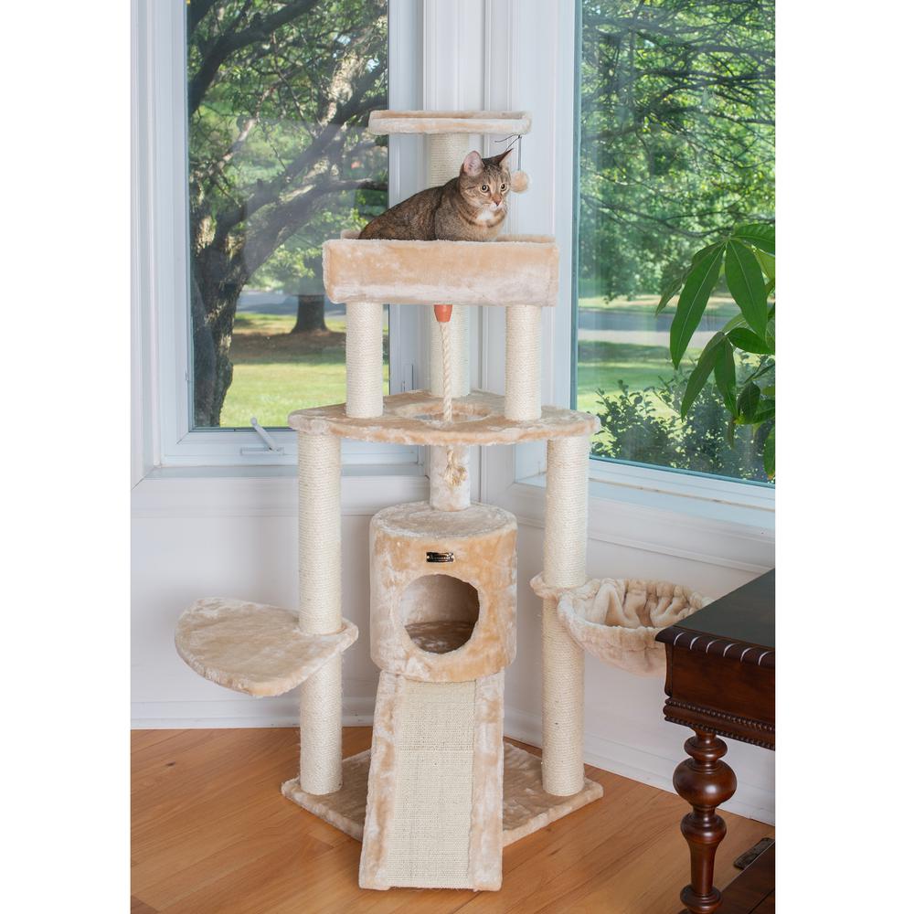 Armarkat Spacious Thick Fur Real Wood Cat Tower With Basket Lounge, Ramp, Beige A5806. Picture 3