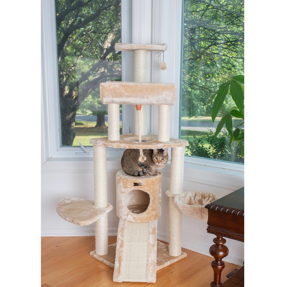 Armarkat Spacious Thick Fur Real Wood Cat Tower With Basket Lounge, Ramp, Beige A5806. Picture 4
