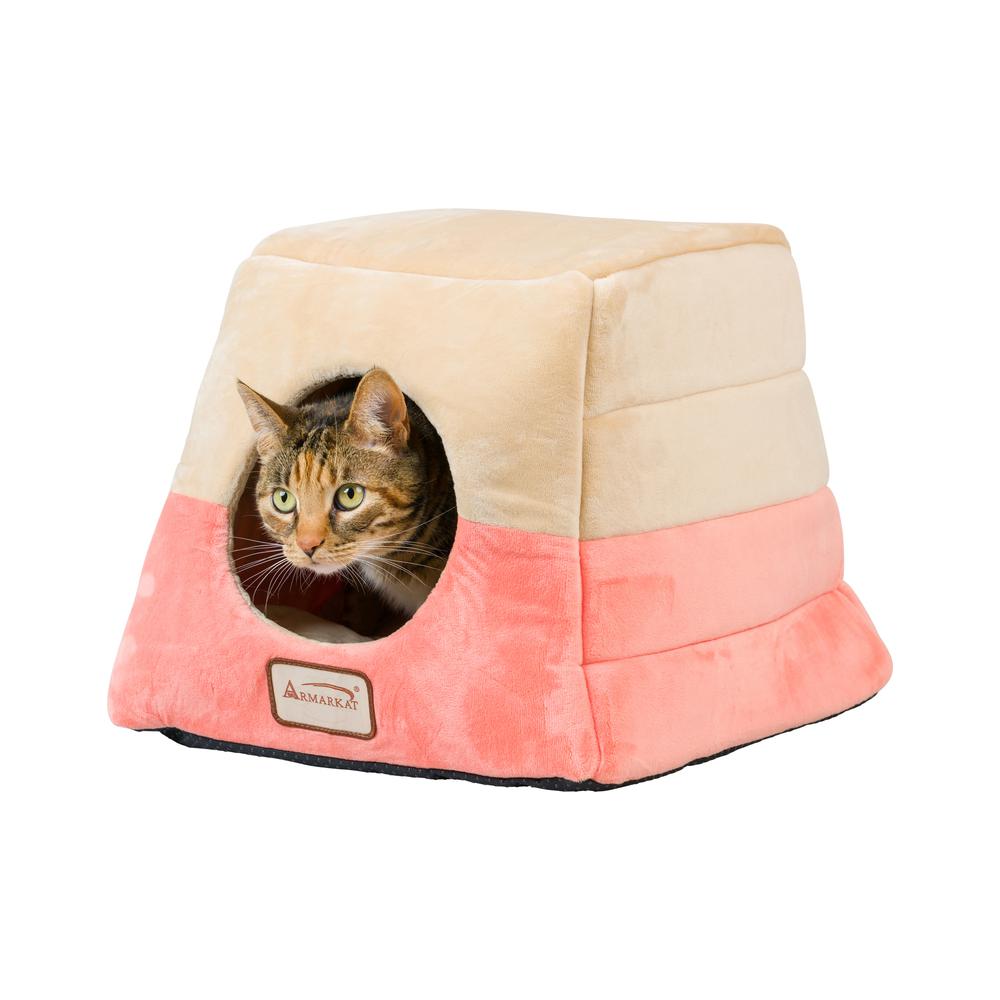 Armarkat 2-In-1 Cat Bed Cave Shape And Cuddle Pet Bed, Orange/Beige. Picture 1