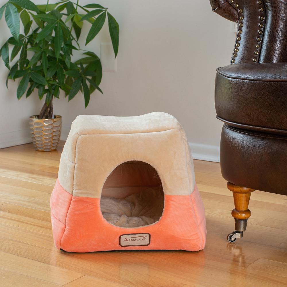 Armarkat 2-In-1 Cat Bed Cave Shape And Cuddle Pet Bed, Orange/Beige. Picture 7