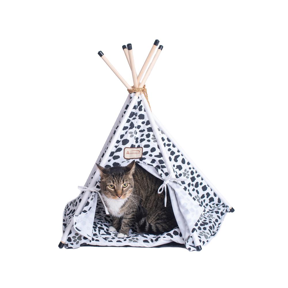 Armarkat Cat Bed Model C46, Teepee style, White w/black paw print. Picture 1