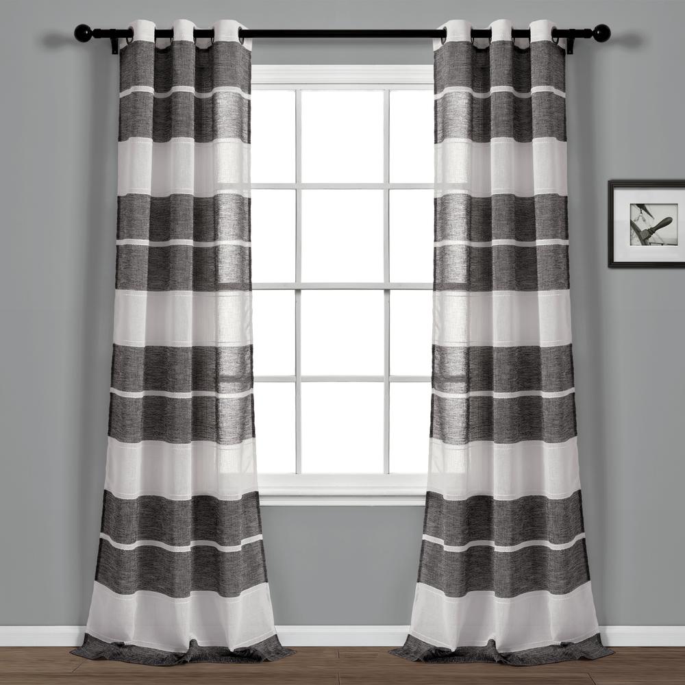 Textured Stripe Grommet Sheer Window Curtain Panels Black White 38x84 Set