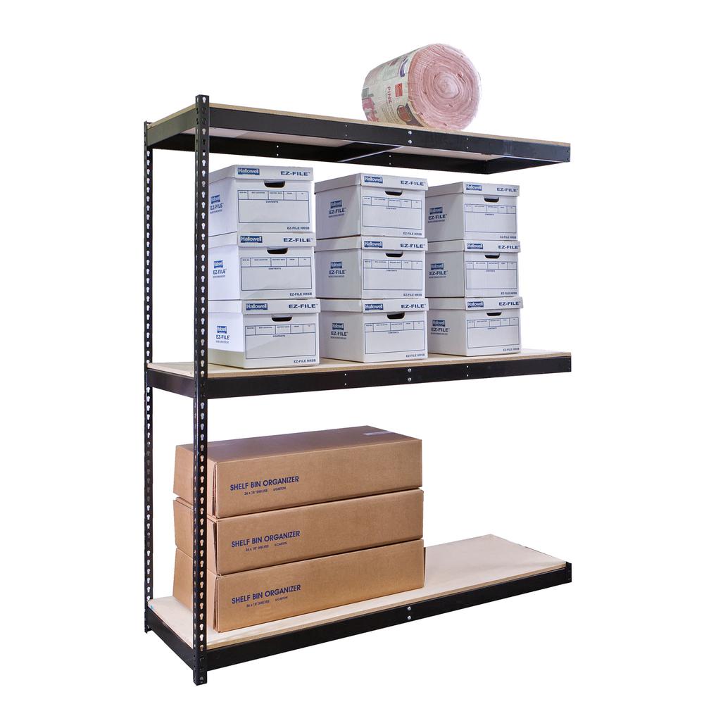 Rivetwell, Double Rivet Boltless Shelving with Center Support 72"W x 18"D x 84"H 708 Midnight Ebony 3 Levels Add-on Unit Includes Particle Board Decking. Picture 2