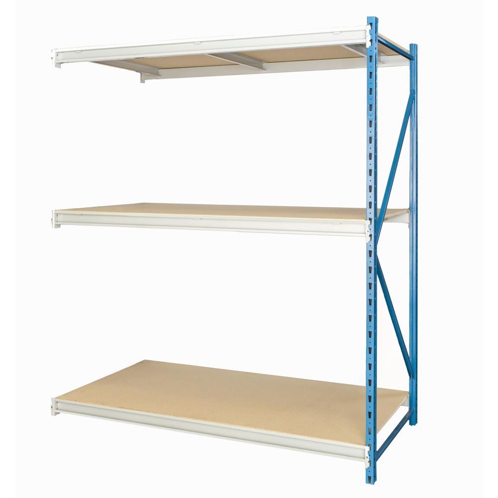 Bulk Rack 96"W x 36"D x 87"H 707 Marine Blue Uprights / 711 Light Gray Beams 3 Level Add-on Unit Includes particle board deck. The main picture.