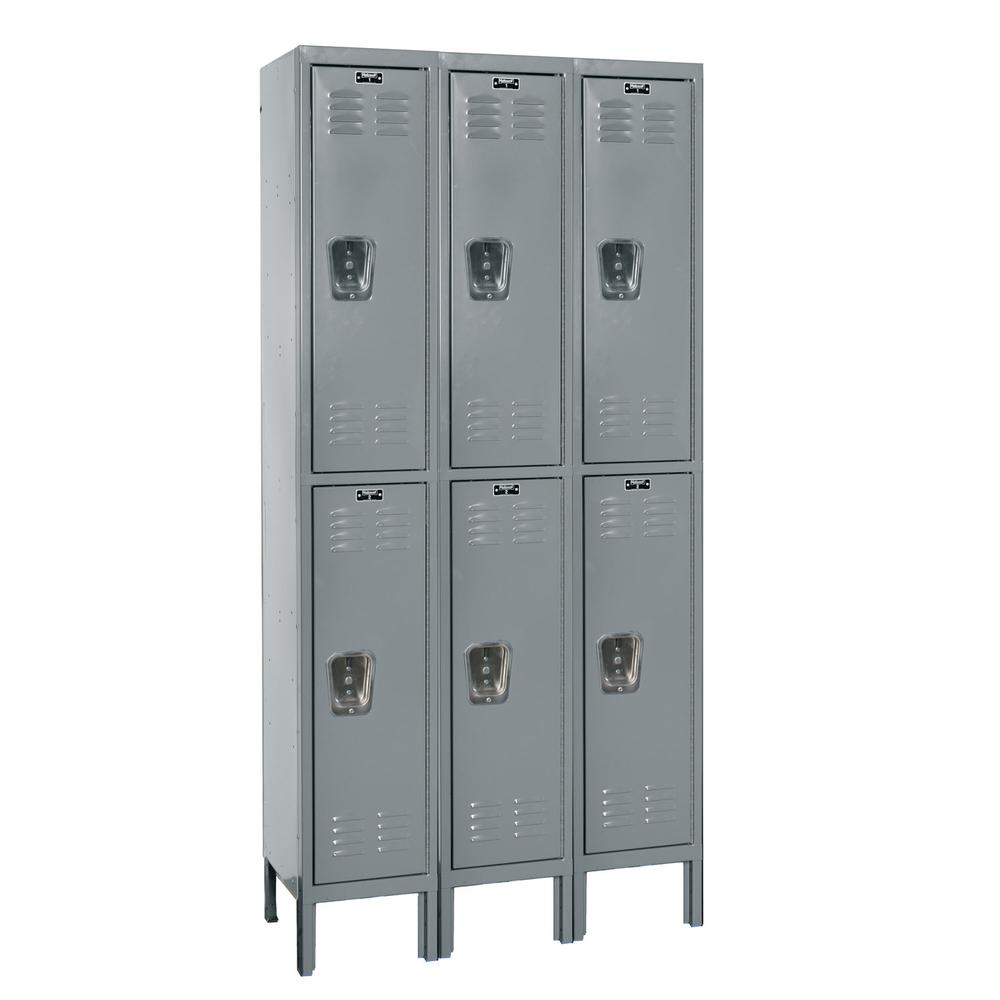 Hallowell Premium Locker, 36"W x 15"D x 66"H, 725 Dark Gray, Double Tier, 3-Wide, Assembled. The main picture.