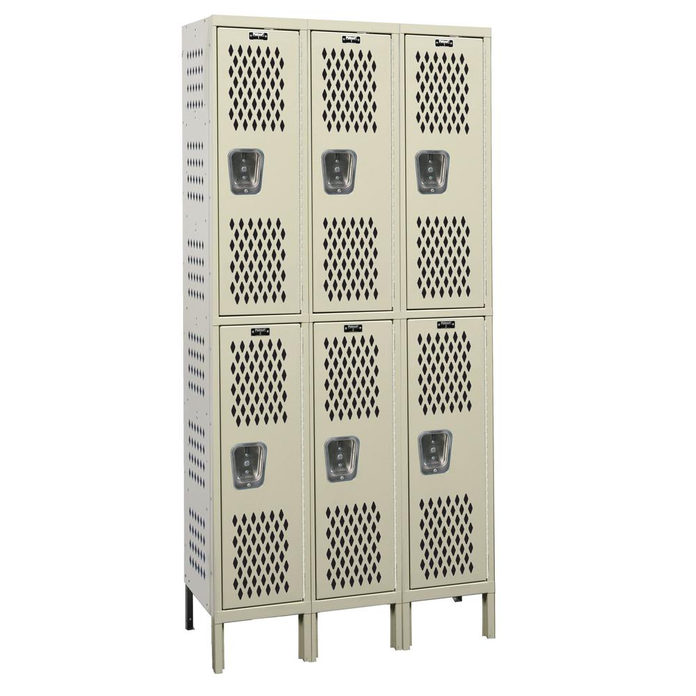 Hallowell Heavy-Duty Ventilated (HDV) Locker, 36"W x 18"D x 78"H, 729 Tan, Double Tier, 3-Wide, Assembled. The main picture.