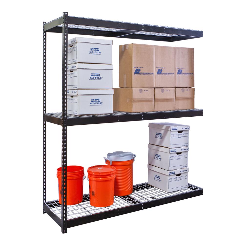 Rivetwell, Double Rivet Boltless Shelving with Center Support 72"W x 30"D x 84"H 708 Midnight Ebony 3 Levels Add-on Unit Includes Wire Deck Decking. Picture 2
