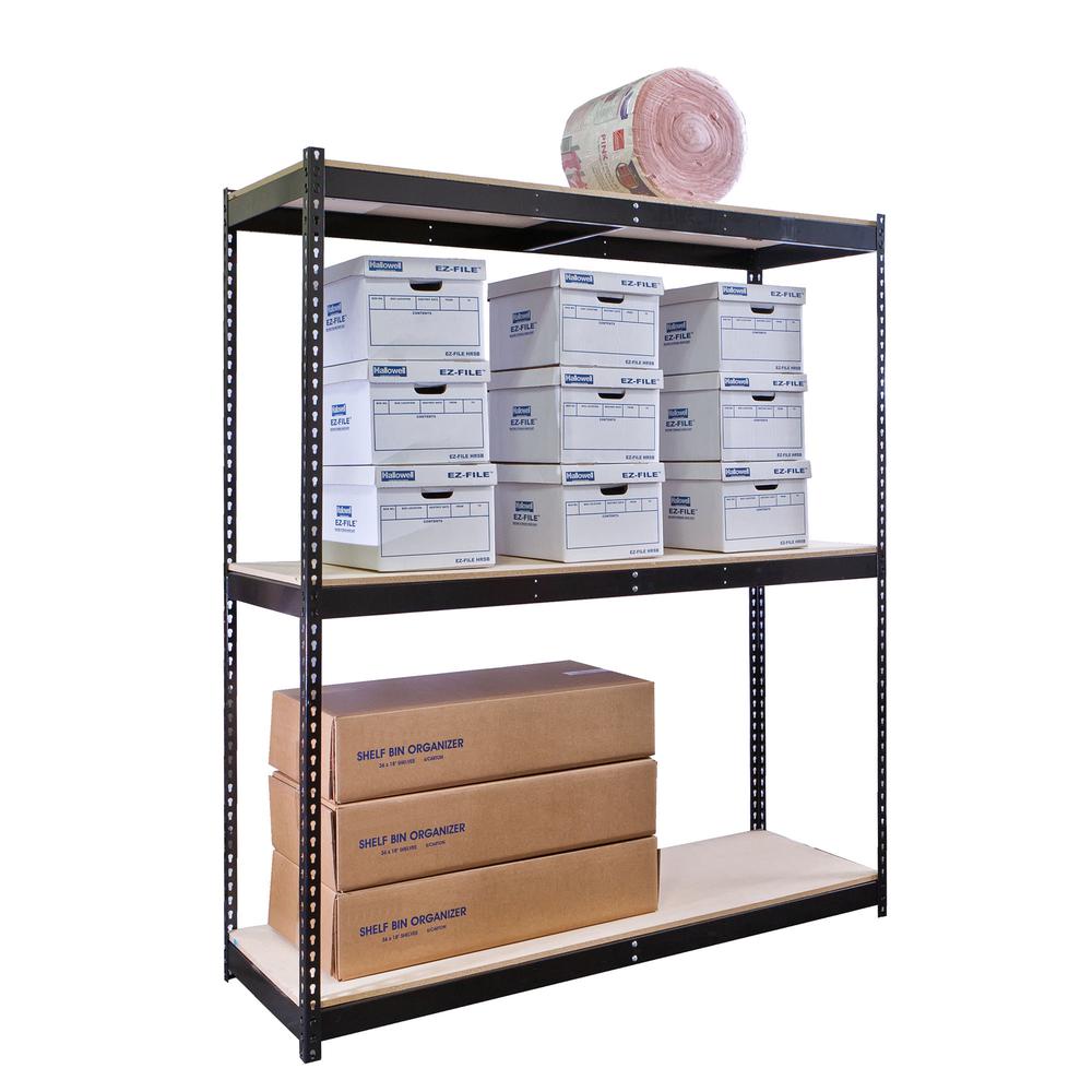 Rivetwell, Double Rivet Boltless Shelving with Center Support 96"W x 24"D x 84"H 708 Midnight Ebony 3 Levels Starter Unit Includes Particle Board Decking. Picture 2