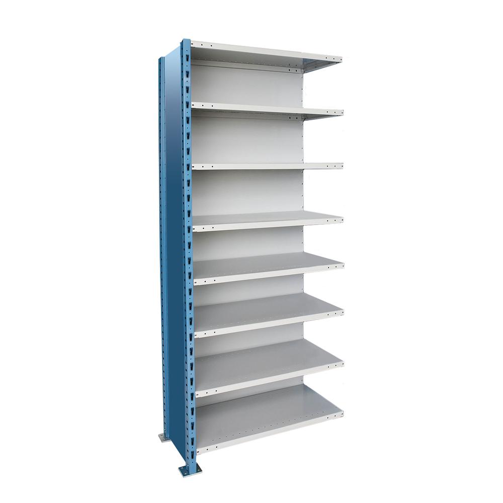 Hallowell H-Post High Capacity Shelving 36"W x 18"D x 87"H 707 Marine Blue Posts and Sides / 711 Light Gray Backs and Shelves 8 Adjustable Shelves Starter Unit Closed Style. Picture 2