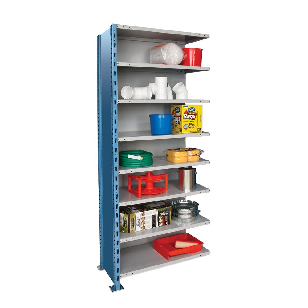 Hallowell H-Post High Capacity Shelving 36"W x 18"D x 87"H 707 Marine Blue Posts and Sides / 711 Light Gray Backs and Shelves 8 Adjustable Shelves Starter Unit Closed Style. Picture 1