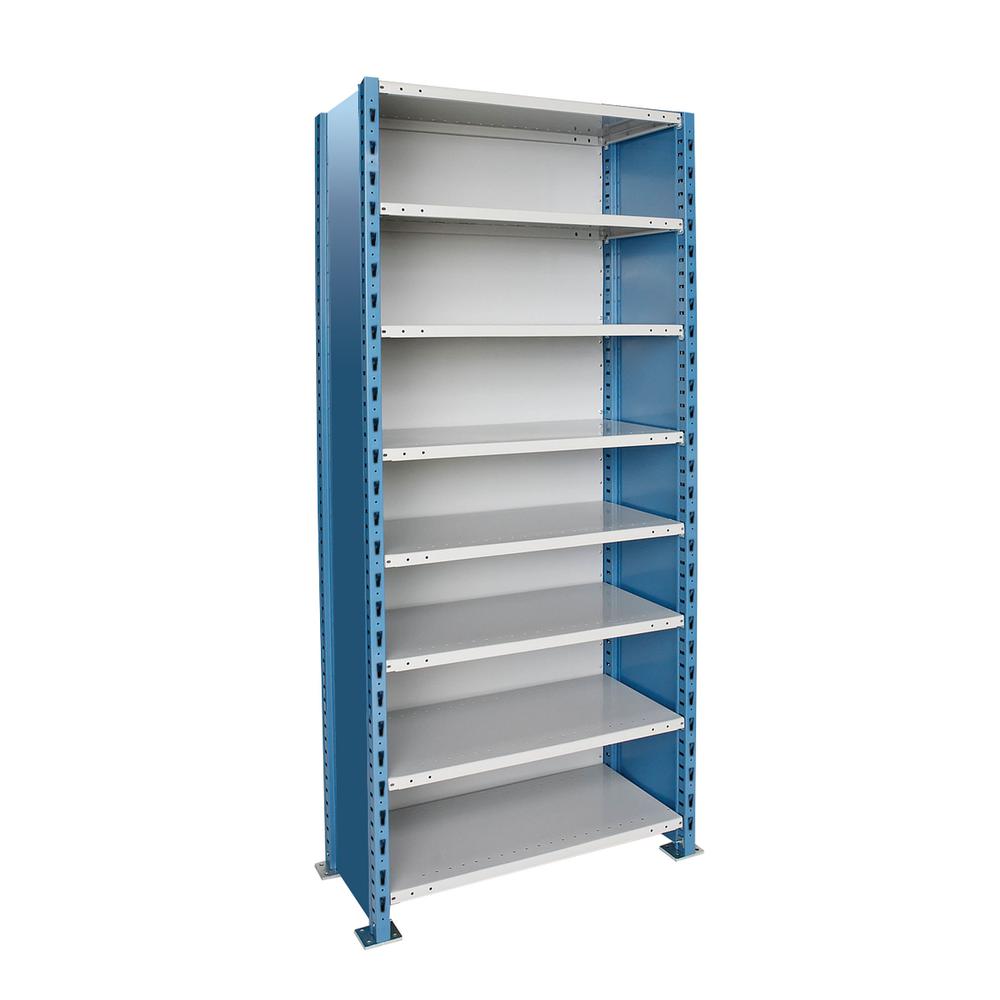 Hallowell H-Post High Capacity Shelving 36"W x 18"D x 87"H 707 Marine Blue Posts and Sides / 711 Light Gray Backs and Shelves 8 Adjustable Shelves Starter Unit Closed Style. Picture 4