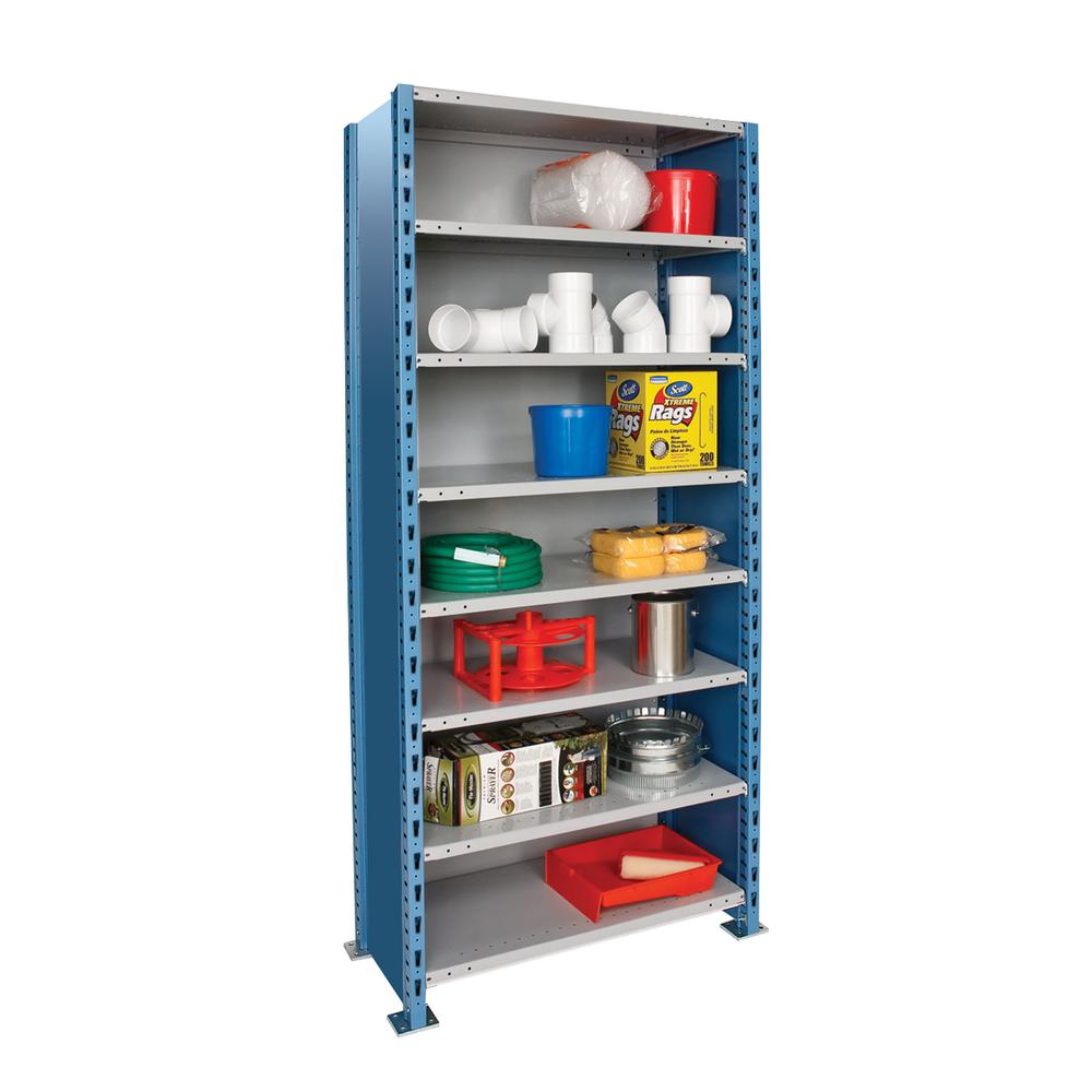 Hallowell H-Post High Capacity Shelving 36"W x 18"D x 87"H 707 Marine Blue Posts and Sides / 711 Light Gray Backs and Shelves 8 Adjustable Shelves Starter Unit Closed Style. Picture 3