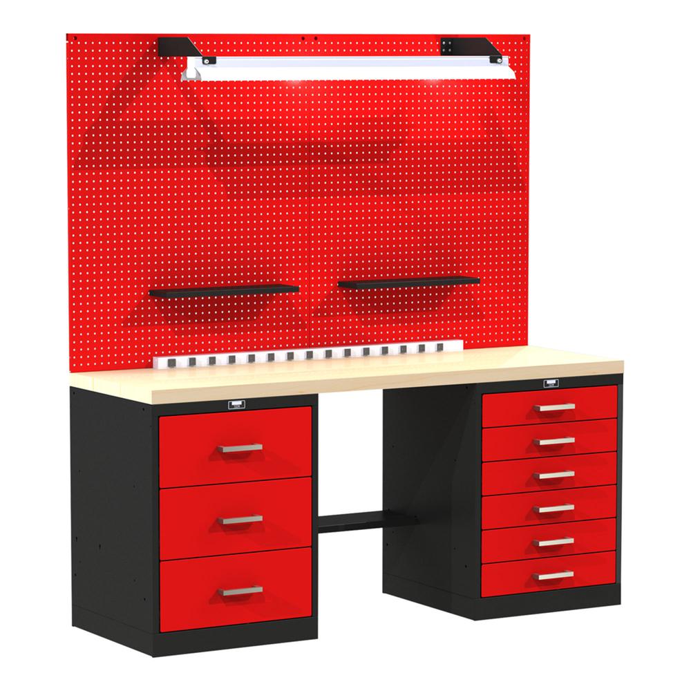 Fort Knox BASIC Modular Workbench System, 72"W x 24"D x 78"H, Black and Red (textured), With Wood Top. Picture 1